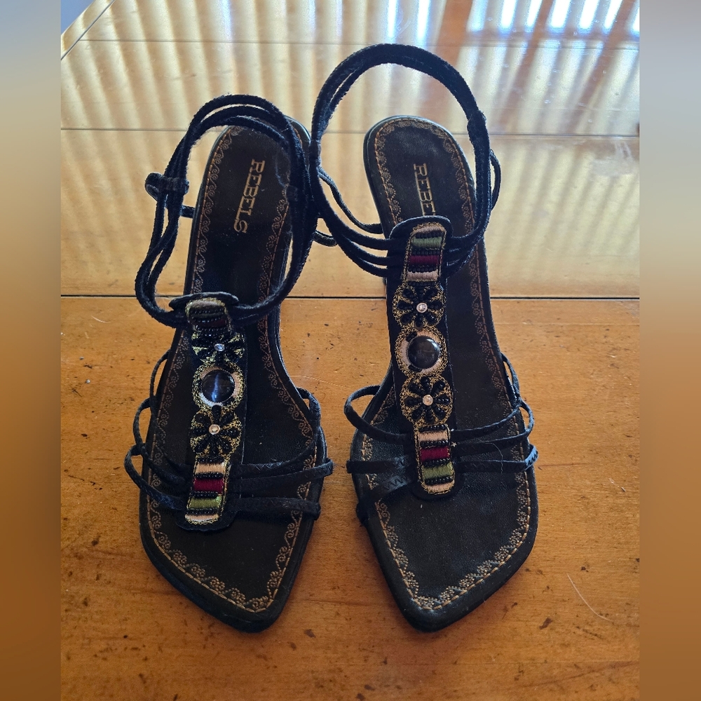 rebels Black Beaded Strappy Heels with Multicolor Accents